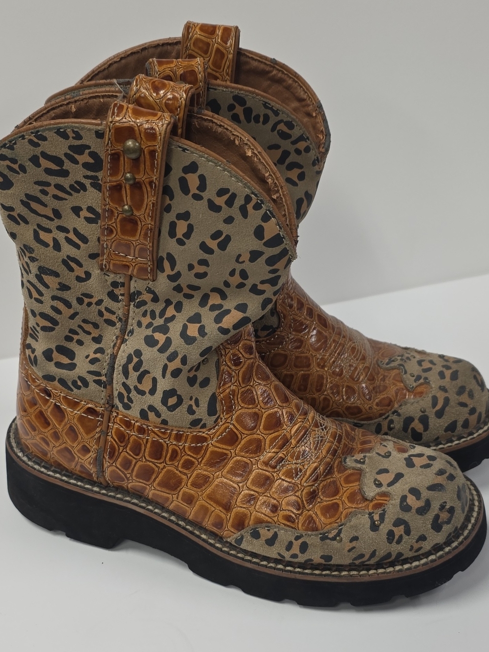 Ariat Tan Croc-Embossed & Leopard Western Boots